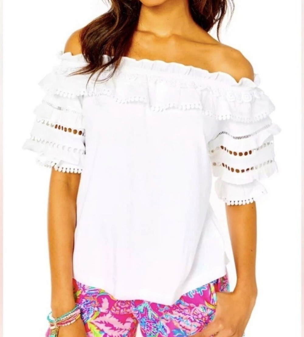 Lilly Pulitzer Brentwood Off Shoulder With Straps Top White Eyelet Women's S